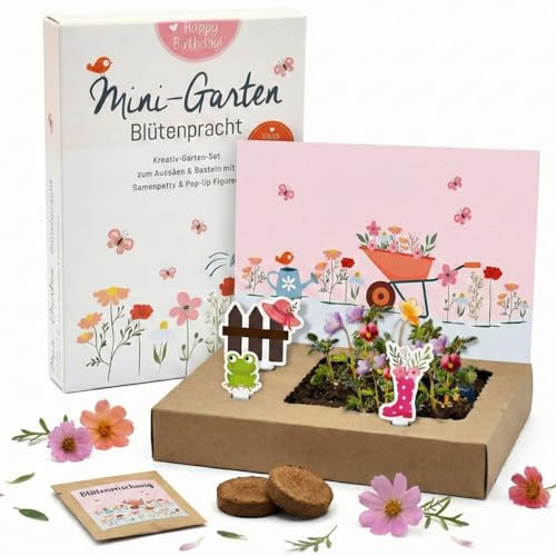 Geburtstagsblumenstrauß zum Aussäen, Mini Garten „Blütenpracht“ kreatives Geburtstagsgeschenk, nachhaltiges Pop-Up Garten Set mit Blumen Saatgut, Erde & Dekofiguren, liebevoll gefertigt in Deutschland