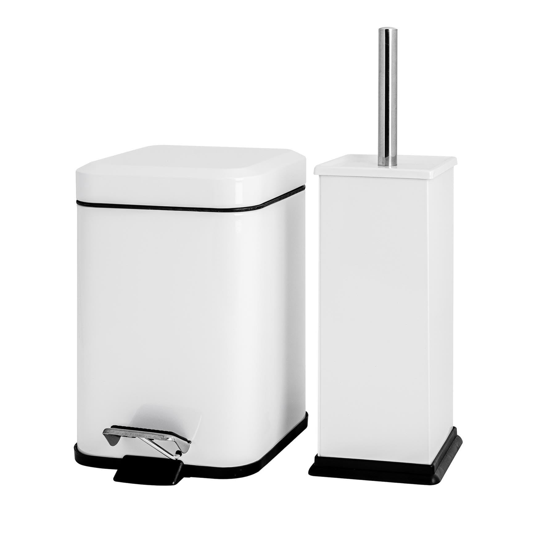 Harbour Housewares Bathroom Bin & Brush Set - White - 2pc Square Stainless Steel Pedal Bin & Toilet Brush Set Slim Small Trashcan for Kitchen Waste, Bathroom Rubbish