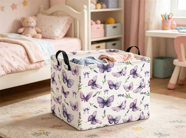 Image of Rectangular Baby Kids Storage Basket for Home Kitchen Girls Cute Toy Storage Bin Organizer Shelf Book Room Decor(Lavender Butterfly)