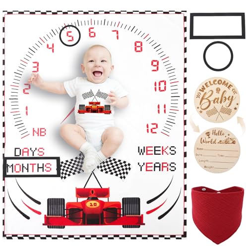 Image of Racing Car Baby Monthly Milestone Blanket for Boys Flannel Blanket Newborn Infant Swaddle Baby Growth Blanket Photography Background with Wooden Signs,Frames,Bib