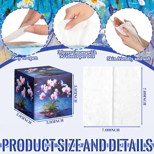 Image of Fourluoo 12 Pack Purple Flowers Facial Tissues Cube Boxes 600 Sheets 3 Ply | Square Face Tissue Cube Boxes for Car Bedroom, Purple Lavender Wisteria Floral Designs, Soft Bulk for Christmas Spring Home