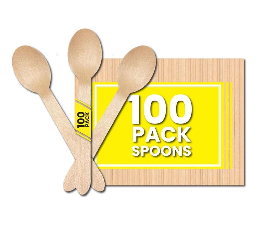 Zuvo Disposable Wooden Spoons (Pack of 100) – Eco-Friendly, Biodegradable Birchwood Cutlery for Parties, Picnics, and Catering – Sturdy and Compostable, Brown