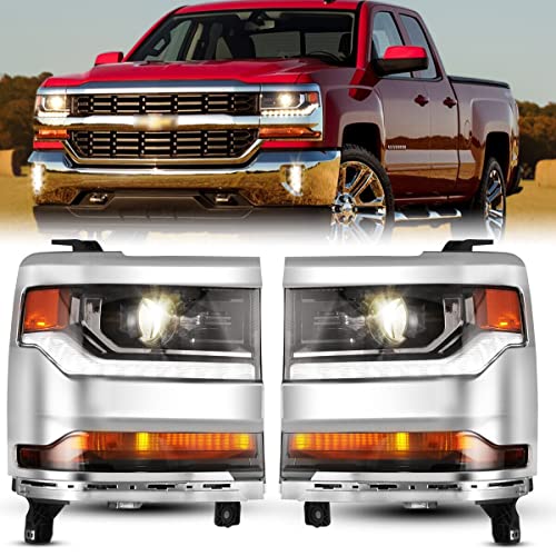 ROXX Headlight Assembly Fit for 2016 2017 2018 2019 Chevy Silverado 1500, LED Daytime Running Light Project Design, Headlights Assembly for 16-19 Chevy Silverado 1500 Pickup,(Chrome Housing/1 Pair)