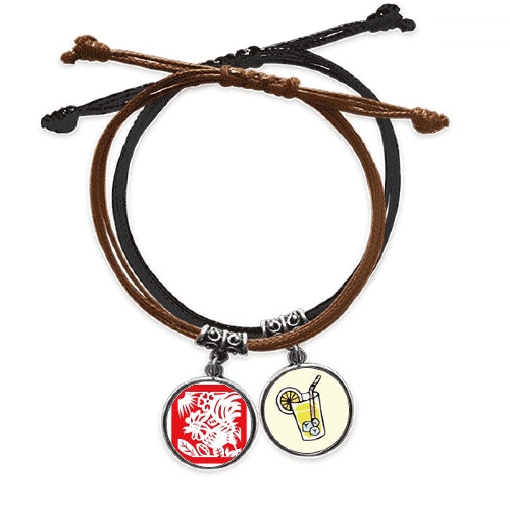 Bracelet Corde Main Ajustable Signe Chinois Coq en Cuir Véritable