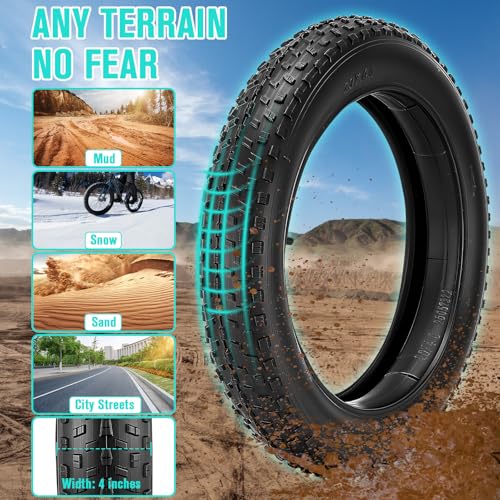 20/26×4.0 Fat Tire for Ebike and MTB, High-Performance 26/20×4.0 Fat Tires Set with 20×4 Tire Tube Puncture Proof, Heavy Duty 20×4 Bike Tires Durable All-Terrain