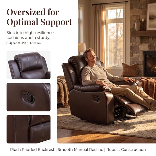 Image of Single Leather Manual Recliner Chair, Oversized Lazy Boy Recliner with Home Theater Seating, Breathable Living Room Reclining Chair for Adults Reading, Gaming, Relax, Brown