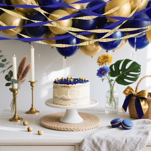 Image of 4 Crepe Paper Streamers Rolls, 328ft Pack of Navy Blue and Gold Crepe Paper for Graduation Anniversary Wedding New Year Birthday Party Decorations (1.8 inch x 82 ft /Roll)
