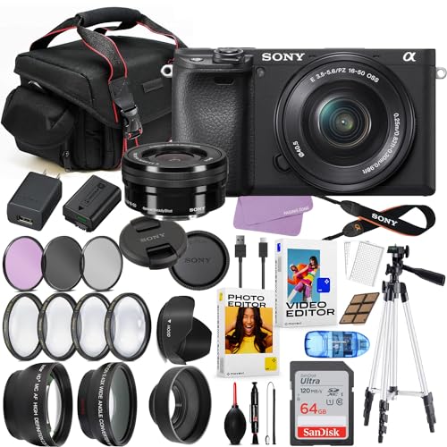 Sony A6400 Mirrorless Camera with 16-50mm Lens Bundle + Commander Optics Accessories Pro Package Including Filters, Auxiliary Lenses + 64GB Memory, Movavi Software Package & More (Renewed)