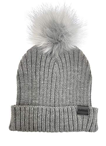 OADUS Women's Slouchy Winter Beanie Hat with Removable Faux Fur Pom, Light Grey/Light Grey Pom
