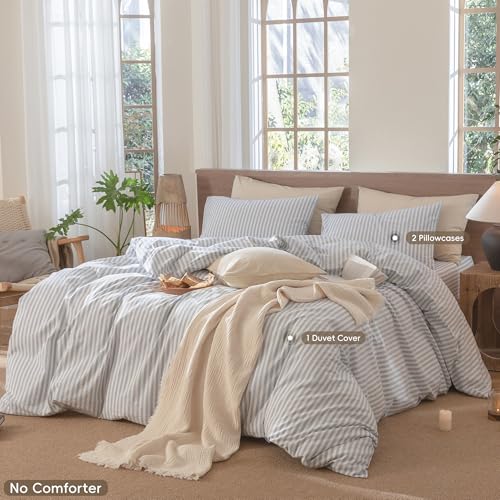 Image of MooMee Striped Duvet Cover Set 100% Washed Cotton Linen Like Alaska King | Relaxed Linen-like Texture. Soft, Breathable & Long-lasting Comfort. Lightweight. Hidden Zipper with 8 Interior Corner Ties