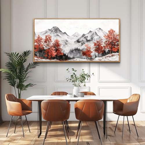 PHAOHUAXM Large Canvas Wall Decor For Living Room Wall Art For Bedroom Office Murals Red Tree Ink-Wash Mountain Landscape Wall Pictures Restaurant Room Modern Home Decoration Wood Framed 24"X48"