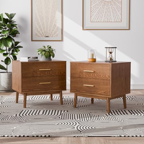 Furniture of America Wyatt Modern Solid Wood Nightstands Set of 2, Bedside Table with Drawers, Nickle Pull Handles and Round Tapered Legs, Wooden Night Stand for Bedroom, Guest Room, Dorm, Walnut