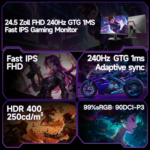 KOORUI 24 Zoll Gaming Monitor,Full HD 240Hz Bildschirm, 24.5 1920 x 1080 Rapid IPS Panel,DisplayPort 1.4 & HDMI 2.0,HDMI 2.0-Kabel,HDR400,Schwarz - Afbeelding 4
