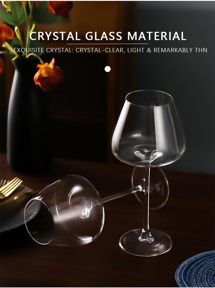 Burgundy Wine Glasses Set of 4, 22oz Hand Blown Crystal Stemware for Pinot Noir, Self-Aerating Peak Bottom, 9.8" Tall Stem, Shatter-Resistant Gift Box