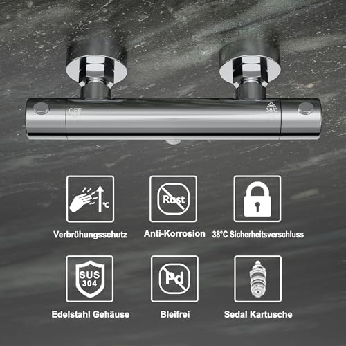 JOHO Thermostatbatterie Duscharmatur mit Thermostat, Dusche Thermostatarmatur Mischbatterie mit 38 °C Sicherheitstaste, Duscharmatur Chrom Rund