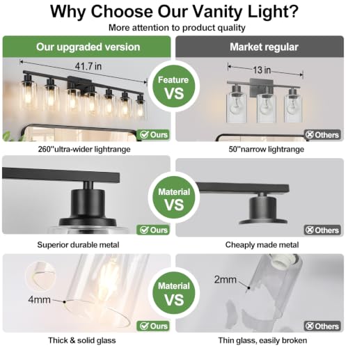 Image of Indoi 7-Light Bathroom Light Fixtures, Matte Black Modern Vanity Lights with Clear Glass Shades, Bathroom Wall Lamp for Mirror Living Room Cabinet Bedroom Porch