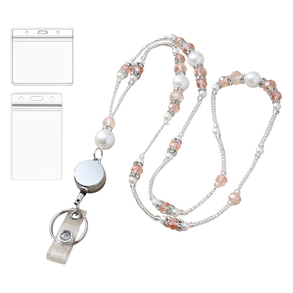 FSSTUD Retractable Beaded Badge Lanyard Fashion Pearl Bead Necklace Lanyard Long Crystal Keychain Necklace Strap Cute Name Tag Neck Strap with 2 Pcs Badge Card Sleeves Pink