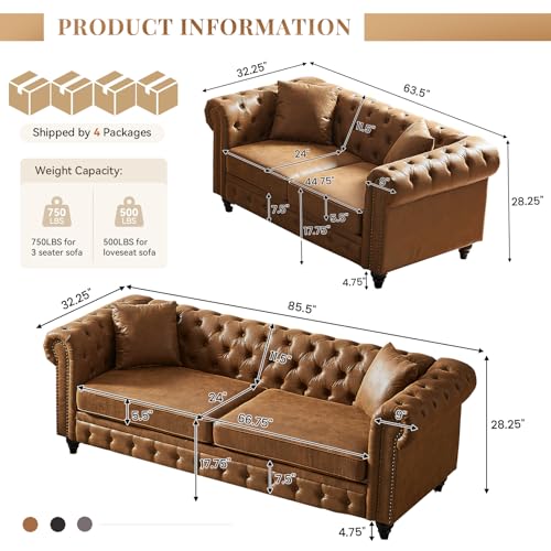 Image of Modern Chesterfield Sofa Set for Living Room, 2 Piece Faux Leather Furniture Sets 3 Seater Couch&Loveseat Sofa with Rolled Arms and Tufted Button, Office, Brown