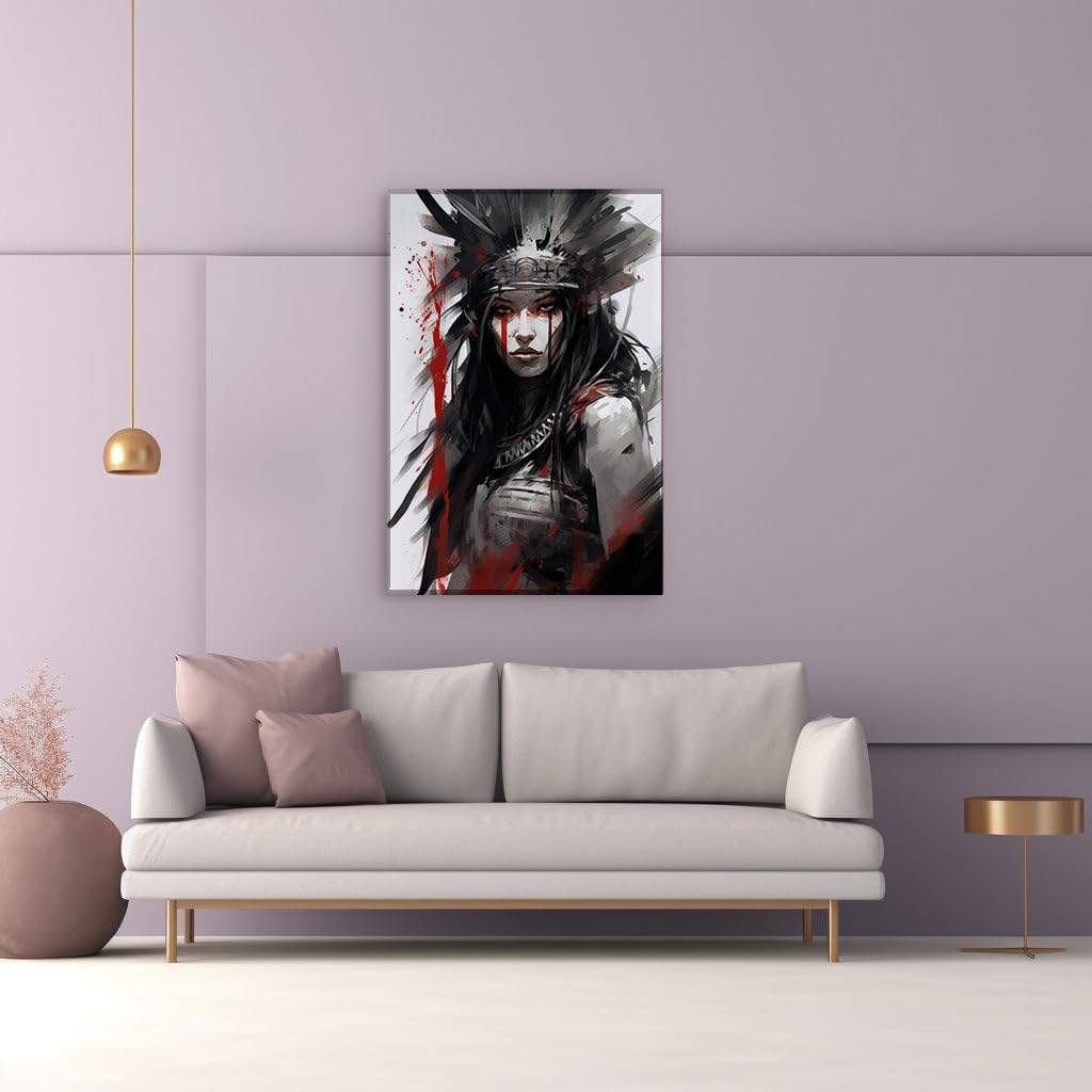 Canvas for Living room. Gaze of Resilience: The Intensity and Tradition of a Digitally Painted Apache Woman, 27 x 18 inch Canvas Wall Art - Contemporary Masterpieces - Modern Home Decor