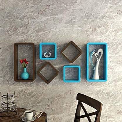 Wooden World Cube Floating, Wall Shelf, for Living Room,Drawing Room. Set of 6 (Blue & Brown)