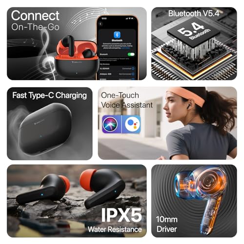 Image of Vaku Luxos SONAIR TWS Bluetooth 5.4 Earbuds | 60H Playtime | Touch Controls | Type-C Fast Charging | 10mm Driver | Voice Assistant | Deep Bass Wireless Earbuds with Charging Case- Black /Orange