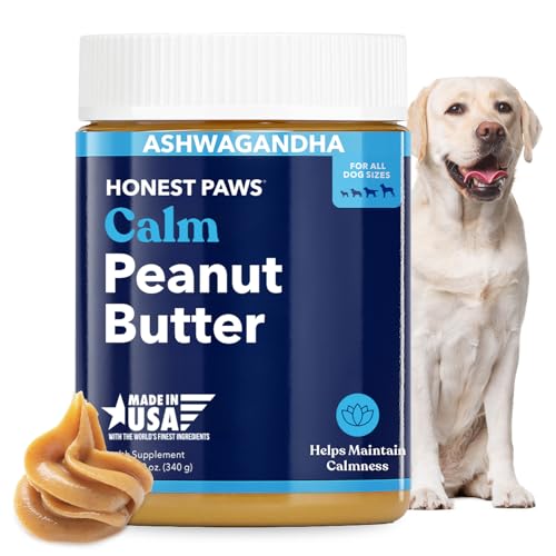 Honest Paws Calming Peanut Butter for Dogs – Dog Supplement with Ashwagandha, Valerian Root & L-Tryptophan – Supports Relaxation & Balanced Behavior – Made in USA – 12 oz