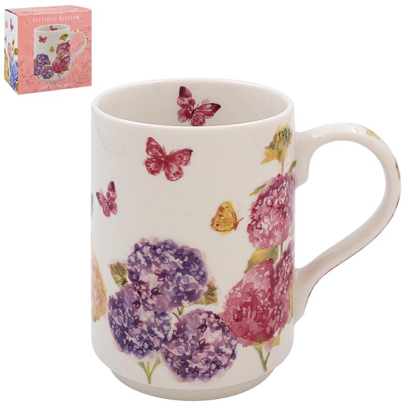 Ceramic Mug Fine China Drinking Coffee Cup Butterfly Blossom Floral Pink Design, Butterfly Blossom Mug, Medium