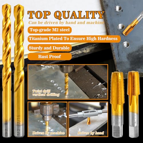 Image of 1 /4-18 NPT Pipe Tap and 7 /16 inch Drill Set,M2 HSS Hand Threading Plumbing Tap Set for Plumbers Mechanics DIY Thread Cutting Tools