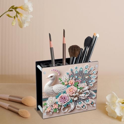 Image of DIY 5D Acrylic Diamond Painting Pen Holder, Elegant Peacock Desk Organizer with Beads, Crystal Rhinestones Diamond Art Pencil Organizer for Home, Office & Gift