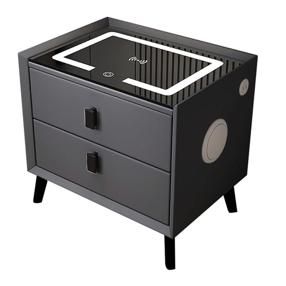 ASerZenith Smart Side Table With Charging Station,Nightstand With 3 Color Led Lights,End Table Bedroom Furniture Side Table,Dark Gray-45X40Cm
