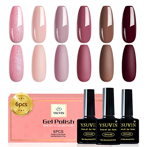 YSUVIN Vernis UV Gel Semi Permanent, 6 Couleurs Foncé Rose Hiver Vernis Gel Nude Brun Bordeaux Vernis à Ongles Soak Off UV/LED, Cadeaux Beauté Pour Les Femmes Ensemble de Manucure