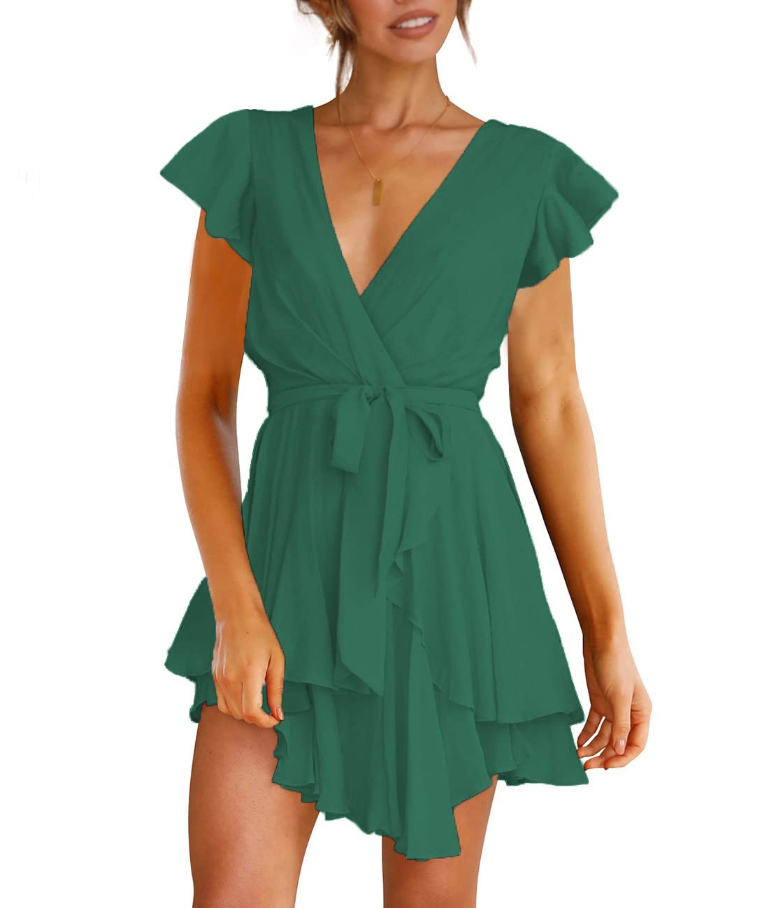 Flybony Womens Short Sleeve V Neck Black Cocktail Dress Tie Waist Ruffle Mini Swing Skater Dresses ( Size XL )