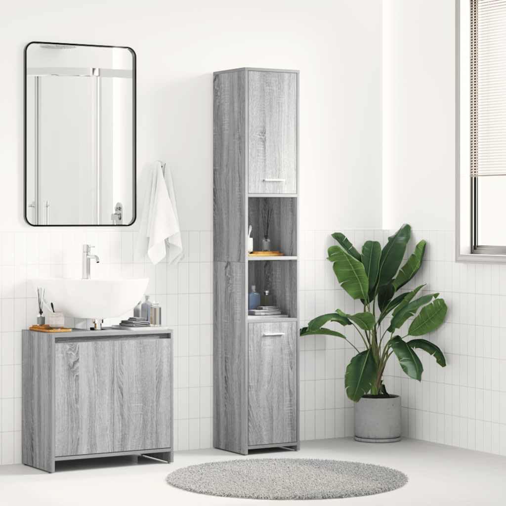 Armadietto da bagno grigio Sonoma, in legno Sonoma, 30 x 30 x 183,5 cm, con 6 scomparti, 2 ante, salvaspazio, montaggio a parete, per WC e lavanderia