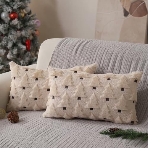 Image of Allorry Christmas Pillow Covers 12x20 inch Set of 2 Christmas Decorations Soft Plush Faux Fur Wool Beige Christmas Tree Throw Pillow Cases Winter Holiday Decor for Sofa Living Room PT-002C12