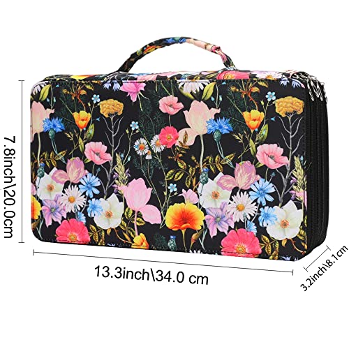 Image of Vomgomfom 300 Slots Marker Case 4-Layer PU Leather, Handle, Black Flower