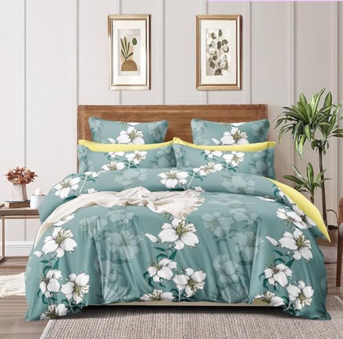 Image of Glace Cotton Double Bed (90 inch x 90') Bedsheet with 2 Pillow Covers - Greeen Flower