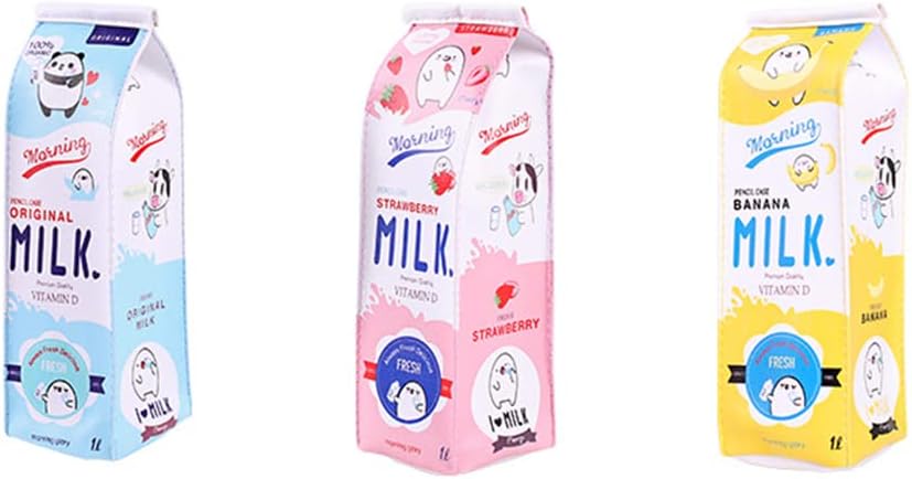 LifeDawn Set of 3 Creative Milk Cartons Waterproof PU Big Capacity Pencil Case,Yellow Blue Pink