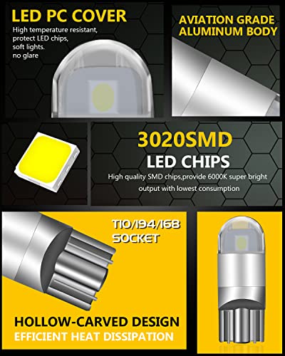 UNXMRFF 194 LED Bulbs White 6000k, T10 W5W 2825 168 LED Bulbs 3030 Chips 194 Bulbs Replacement for Car Dash License Plate Light, Dome Map Light, Side Marker Light, Courtesy Light Bulbs, Pack of 10