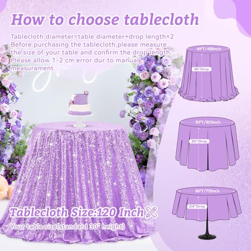 Image of B-COOL Round Sequin Tablecloth Party Decor: 120 Inch Table Cloth Lavender Glitter Fabric Overlay for Indoor Outdoor Dining Parties Home