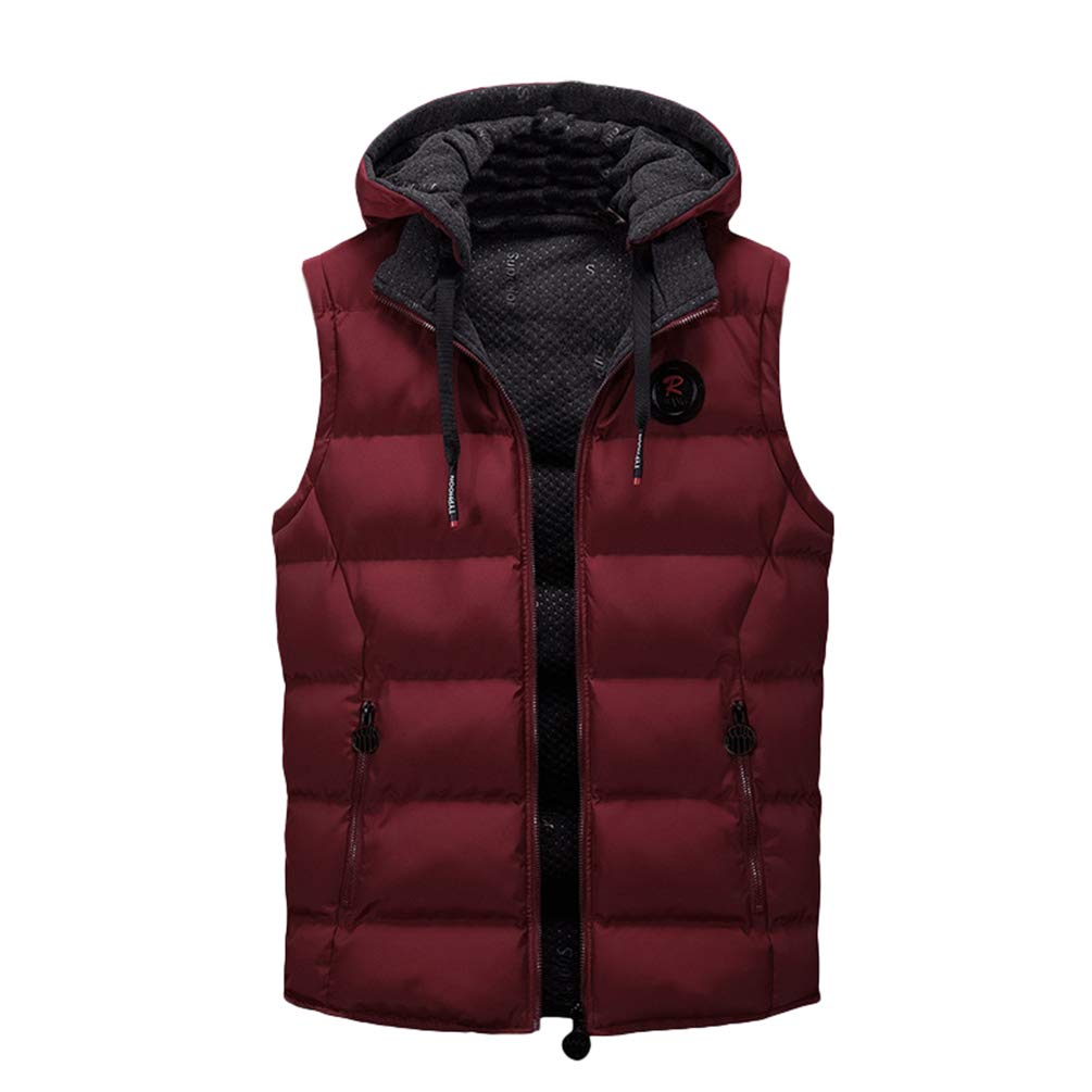Mens Quilted Gilet Double-Sided Bodywarmer Hooded Vest Sleeveless Jacket with Hood Red L