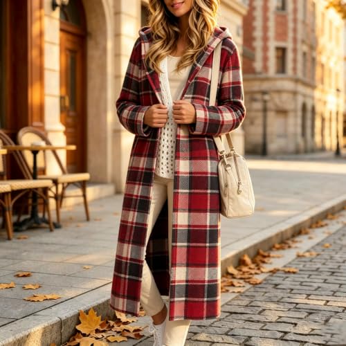 Plaid Jacket Women Long Hooded Button Down Cotton Casual Shacket Coats - image 5
