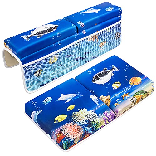 OTHWAY Baby Bath Kneeler & Elbow Rest Pad Set,1.5 inch Thick Comfortable Kneeling Pad and Arm Support, Super Soft Foam Bathtub Kneeling Mat with 4 Large Toy Storage,Non-Slip Baby Bath Knee Pad(Blue)