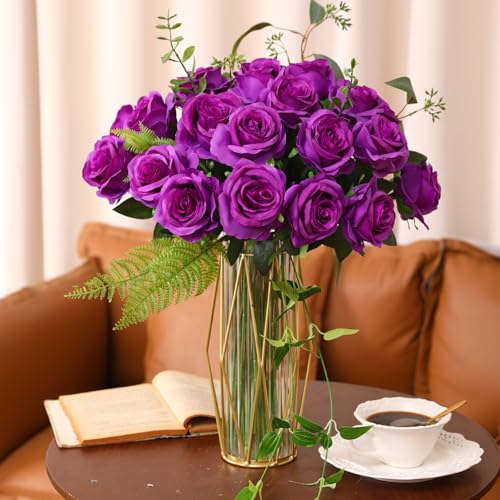 JUSTOYOU 20 PCS Purple Rose Artificial Flower,Silk Blooming Rose with Stem,Artificial Rose Bouquet Realistic Flower for Home Table Office Party Wedding Garden Arrangements(Blossom Roses purple) - Image 3