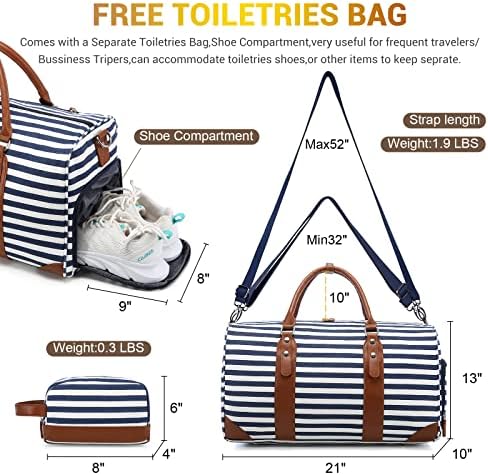Weekender Bags for Women Sucipi Canvas Overnight Bag Large Travel Bags for Women Carry on Weekend Duffel Bag With Shoe Compartment, Toiletry Bag and Wet Pocket, Perfect for Travel/Flight/Daily Use/Birthday Gift (Blue Stripes) 2 Weekender Bags for Women Sucipi Canvas Overnight Bag Large Travel Bags for Women Carry on Weekend Duffel Bag With Shoe Compartment, Toiletry Bag and Wet Pocket, Perfect for Travel/Flight/Daily Use/Birthday Gift (Blue Stripes)