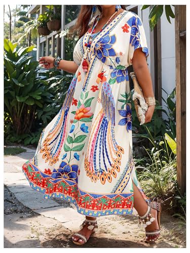Floerns Women's Plus Size Tribal Print Dolman Sleeve Slit Summer Maxi A Line Dress4