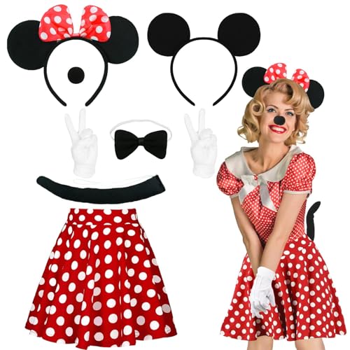 Damen Karneval Kostüm Maus Mouse- Tüllrock Rock Rot Tutu mit Weiß Gepunktet Miky Maus Haarreifen Handschuhe Nase Krawatten Schwanz Mouse Cosplay Accessoire Set für Mädchen Kostüm Fasching Mottoparty