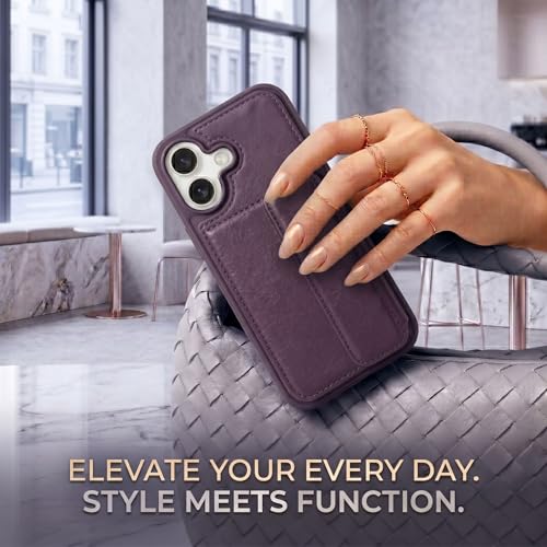 Image of amazon basics Luxury Vegan Leather Back Cover for iPhone 16 | Built-in Card Holder Slot | Integrated Mobile Stand | Slim Shockproof Protective Case with Stitched Finish - Purple