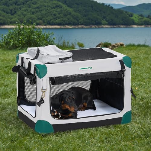 Gardner Pet Soft Dog Travel Crate,26 Inch Collapsible Dog Crate with 3-Door Durable Mesh Windows & Storage Bag,Portable Dog Car Crate for Puppy/Small Dogs Indoor & Outdoor (S,66 * 46 * 46cm,Grey)