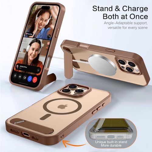 Image of GUAGUA Case for iPhone 16 Pro with Invisible Kickstand, Satin Skin Feel Matte Anti-Scratch, Slim Military-Grade Shockproof Protective Semi-Transparent Cover for iPhone 16 Pro 6.3 inch, Brown