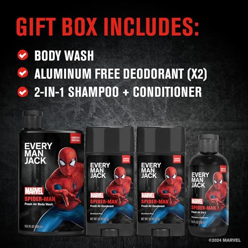 Every Man Jack Spider-Man Body Set - Perfect for Every Guy & Marvel-Lover - Bath and Body Marvel Gift Set with Clean Ingredients & Incredible Scents - Includes Body Wash, Shampoo & Deodorant 2-Pack - Image 3